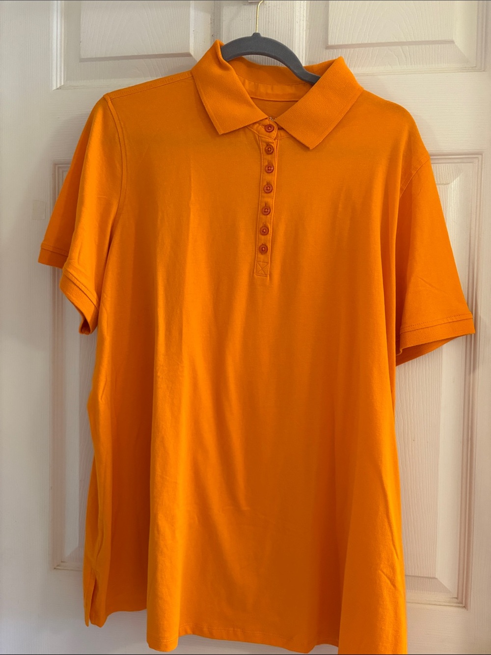 Woman Within Orange Polo Shirt with Button Placket